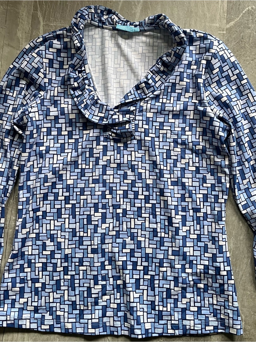 J. McLaughlin Blue and White Geometric Ruffle-Collar 3/4 sleeve XS